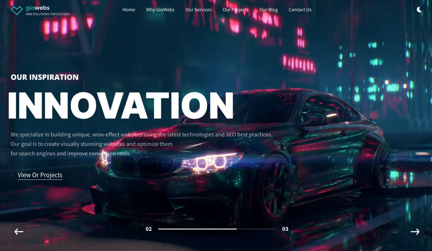 GioWebs agency homepage with neon car hero