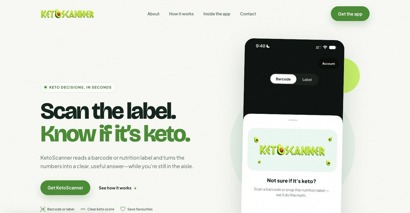 KetoScanner landing: Scan the label. Know if it's keto.